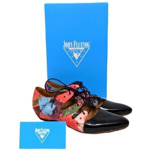 NIB JOHN FLUEVOG Floral Power Lace-Up Patent Flats 7.5